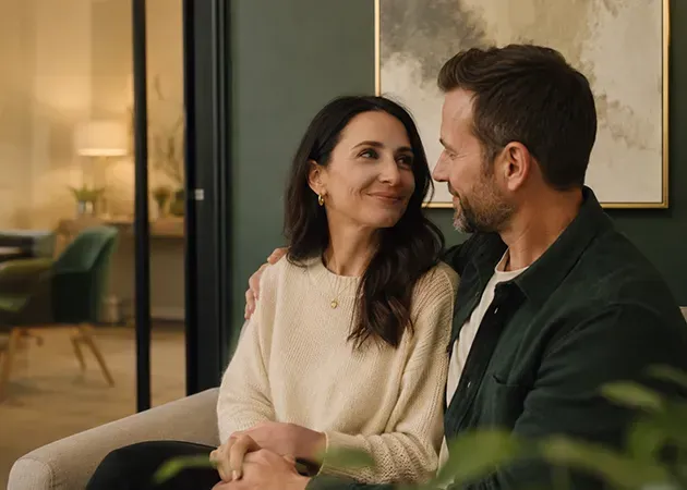 Two people sit close together, smiling at each other in a warmly lit room.