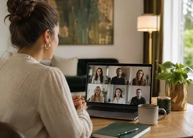 Woman on a video call from a home desk, seen from behind, with six people on a laptop screen.