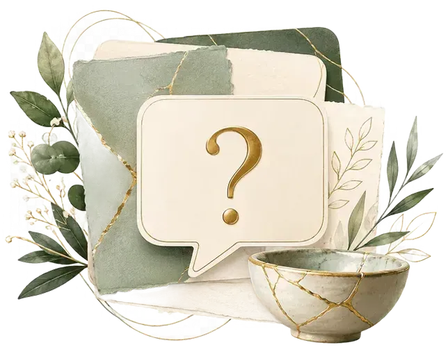 Gold question mark on layered green and cream abstract shapes with leaves and a bowl, minimalist design