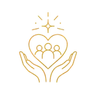 Gold line art of hands cupping a heart with three people and a sparkle above