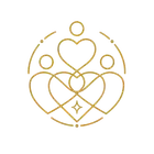 Gold abstract logo of three linked hearts with small circles inside a thin circular outline