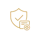 Gold shield with checkmark and medical card plus icon