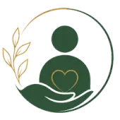 Green circular wellness logo with a person and heart cradled by hands, accented in gold leaves