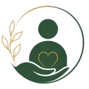 Green circular wellness logo with a person and heart cradled by hands, accented in gold leaves