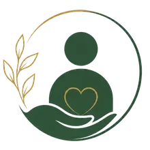 Green circular wellness logo with a person and heart cradled by hands, accented in gold leaves