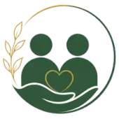 Green and gold logo of two abstract people with a heart and supportive hand within a circular leaf design