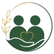 Green and gold logo of two abstract people with a heart and supportive hand within a circular leaf design