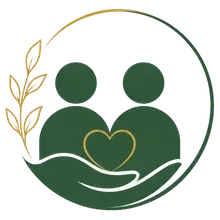 Green and gold logo of two abstract people with a heart and supportive hand within a circular leaf design