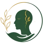 Stylized green profile with gold leaf vein and hand, encircled by a gold-and-green ring