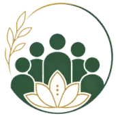 Green group icon with six figures and white lotus, framed by gold and green leaves.