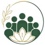 Green group icon with six figures and white lotus, framed by gold and green leaves.