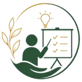 Green icon of a person presenting a checklist beside a lightbulb and leaf symbol inside a circle