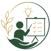 Green icon of a person presenting a checklist beside a lightbulb and leaf symbol inside a circle