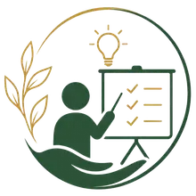 Green icon of a presenter pointing at a checklist board with a lightbulb and leaf motif