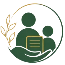 Green and gold logo of two people above an open book, framed by leaves and a circular line