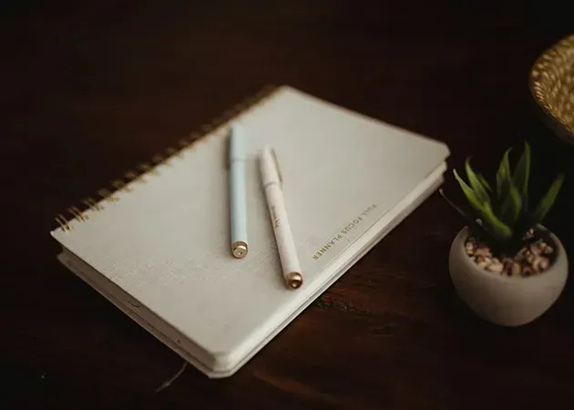White notebook with two pens on a dark wooden desk beside a small potted succulent.