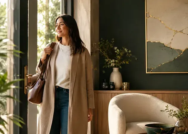 Woman standing in a modern living room, holding a brown bag and smiling toward a sunlit window.