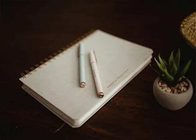 White notebook with two pens beside a small potted plant on a dark desk