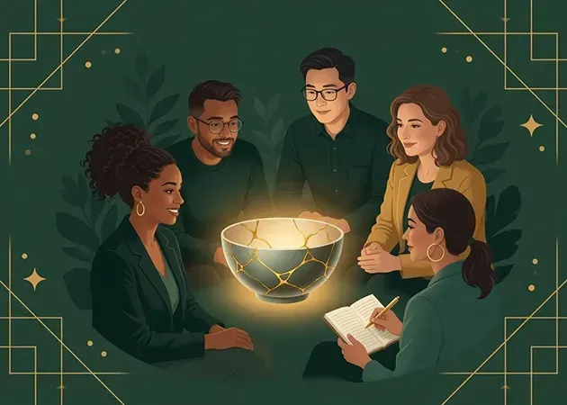 Five people gathered around a glowing bowl in a dark green decorative setting, reading together