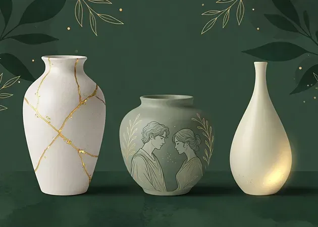 Three decorative vases on a dark green background, in white, sage, and cream with gold accents.