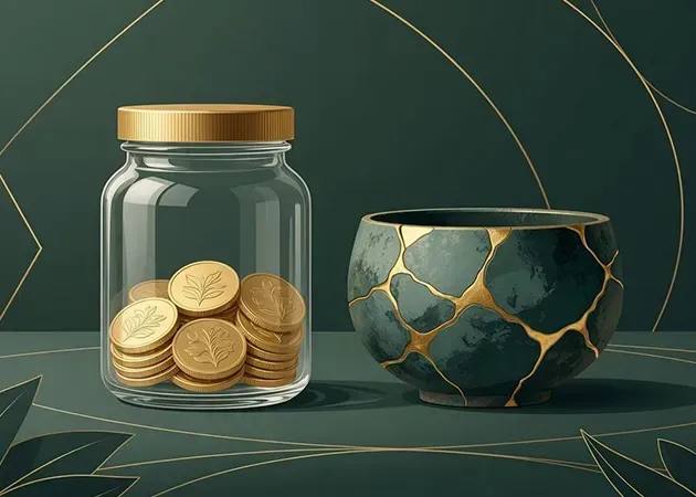 Glass jar of gold coins beside a cracked dark bowl on a green background