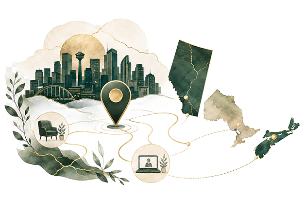 Stylized green city map with location pin, roads, trees, and small landmark icons on a beige silhouette