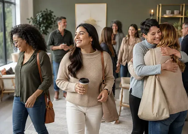 People chatting and smiling in a bright indoor gathering space, one holding a coffee cup