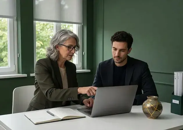 Two people reviewing a laptop at a desk in a green office, with a notebook and glass bowl nearby.