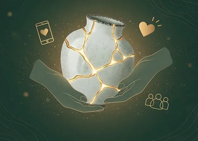 Cracked glowing glass globe in cupped hands, with heart and group icons on a dark green background