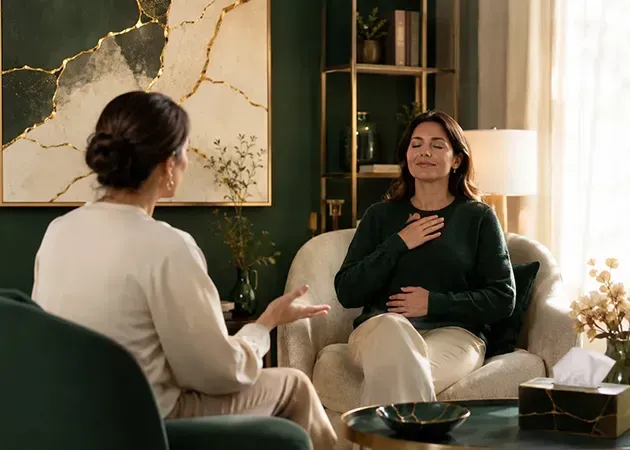 Two people in a calm therapy room, one speaking while seated across from a smiling listener.
