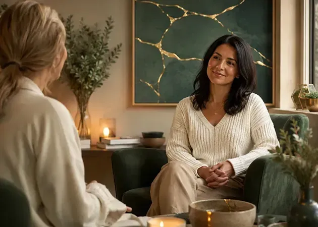 Two women chatting in a cozy counseling room with warm lighting and green decor
