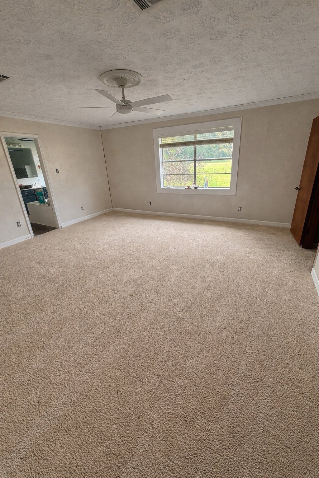 Empty carpeted bedroom with ceiling fan, window, and open closet door