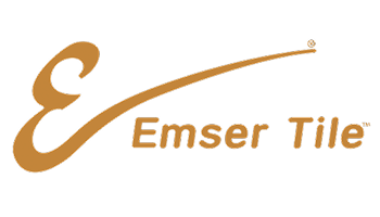 Emser Tile logo in gold text with stylized E on a white background