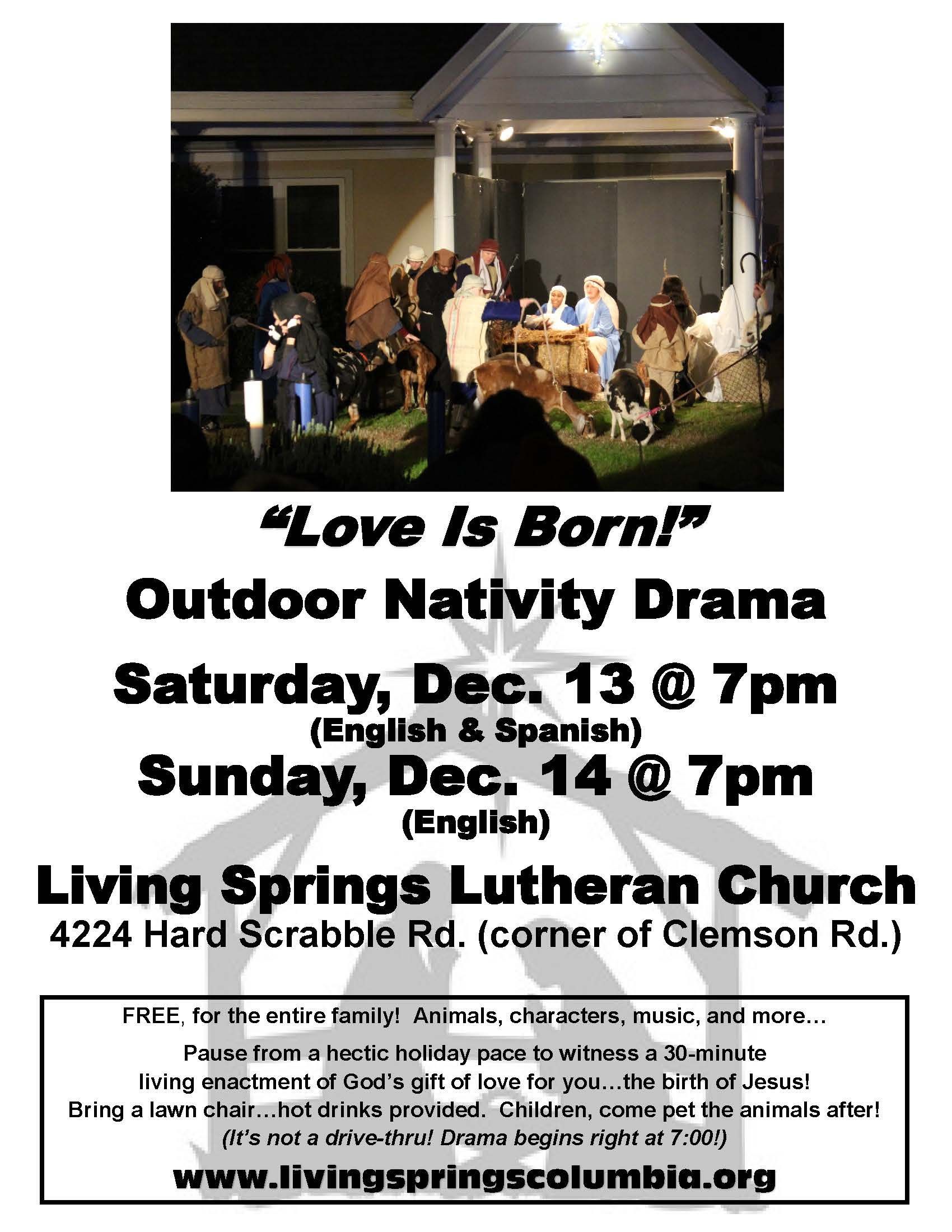 Poster: Outdoor nativity drama at Living Springs Lutheran Church, Dec. 13-14, with times, address, and website.