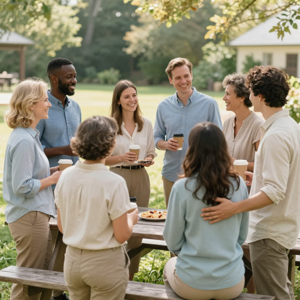 A group of people chatting and holding drinks around a picnic table in a sunny park.