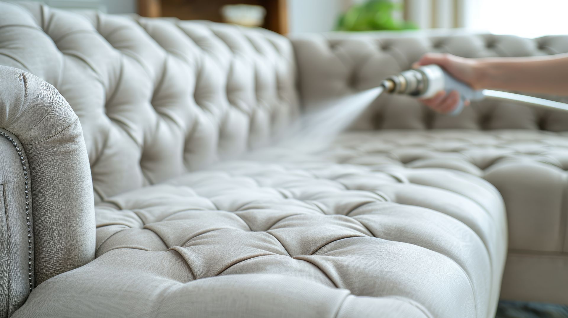 A person is cleaning a couch with a spray bottle.