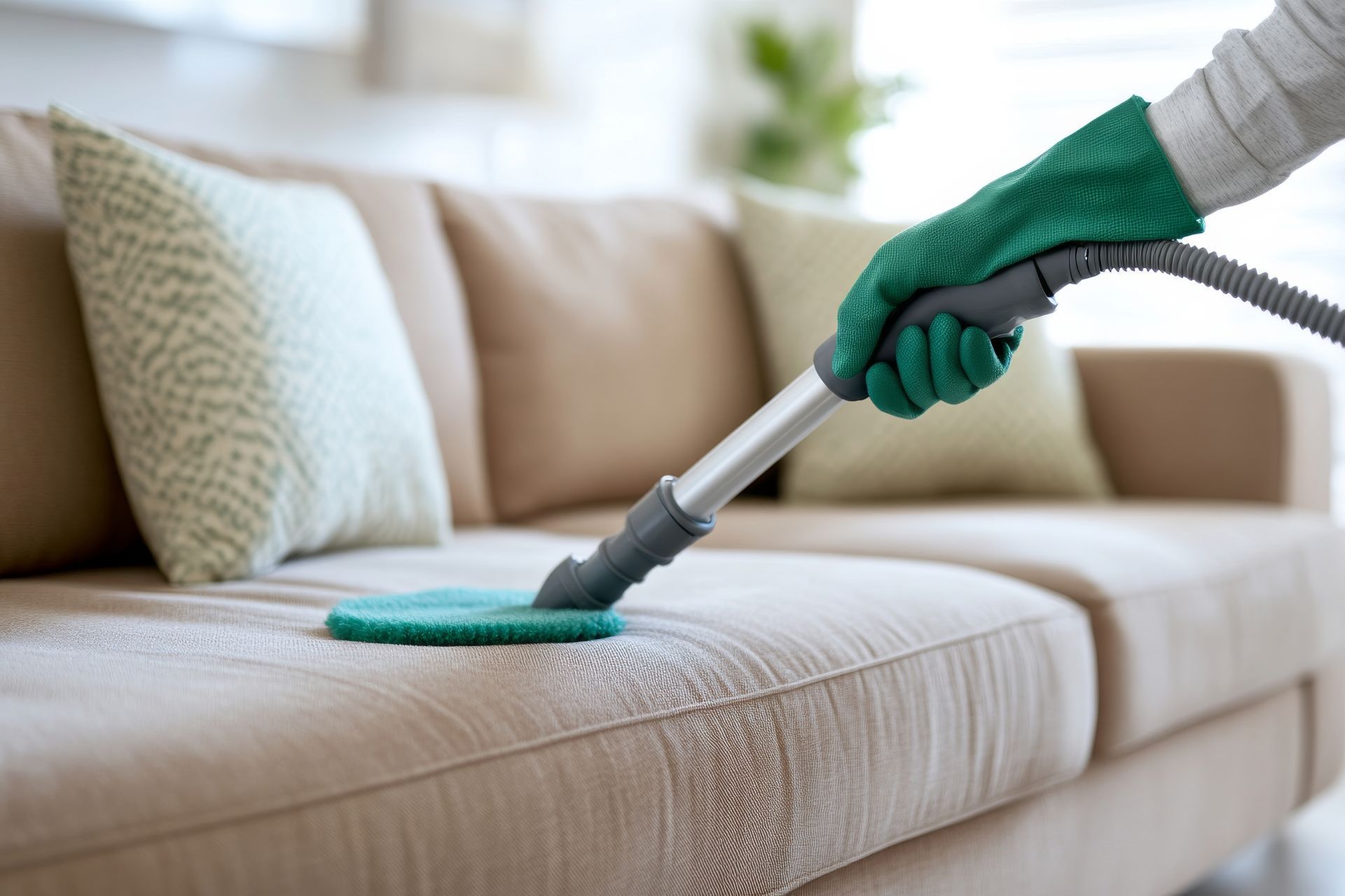 A person is cleaning a couch with a vacuum cleaner.