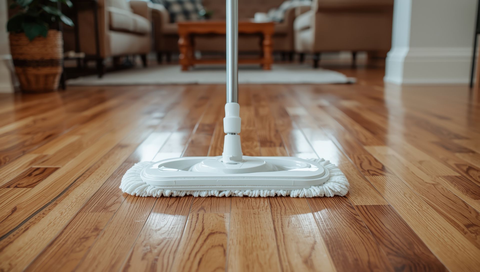 A person is using a machine to clean a wooden floor.