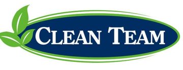 Cleaning Service Template The clean team logo is blue and green with leaves on it.