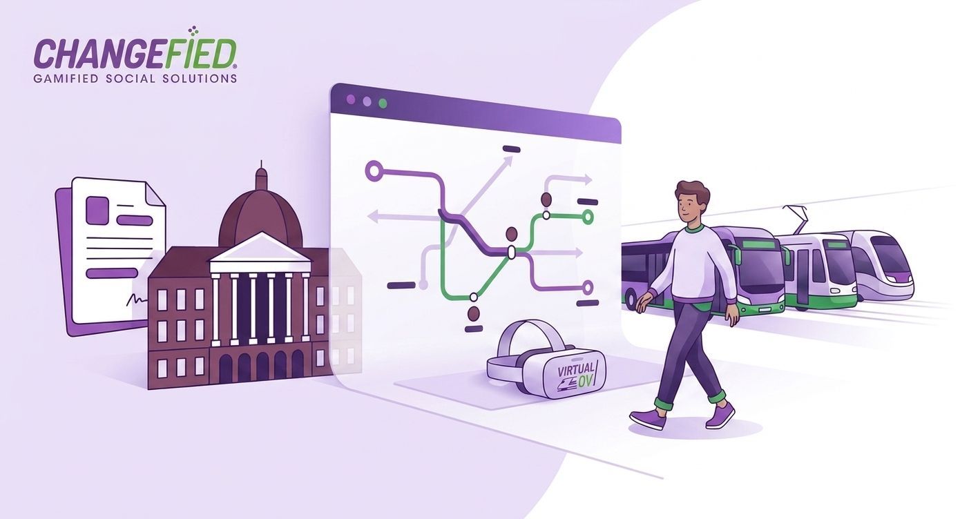 Illustratie van een beleidsdocument, OV-routekaart en Virtual OV-headset, met een jongere