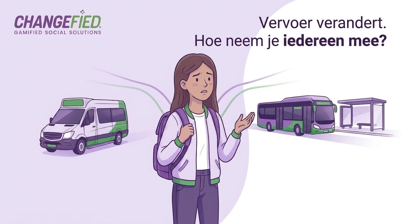 Illustratie van een meisje met een onzekere blik tussen een leerlingenbusje en een reguliere bus. Bo
