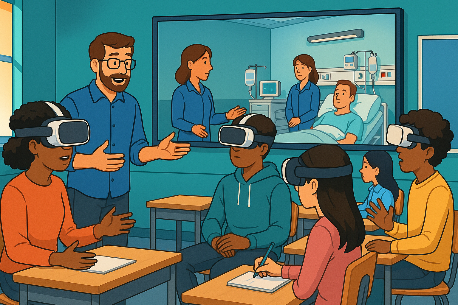 A group of people wearing virtual reality headsets in a classroom.