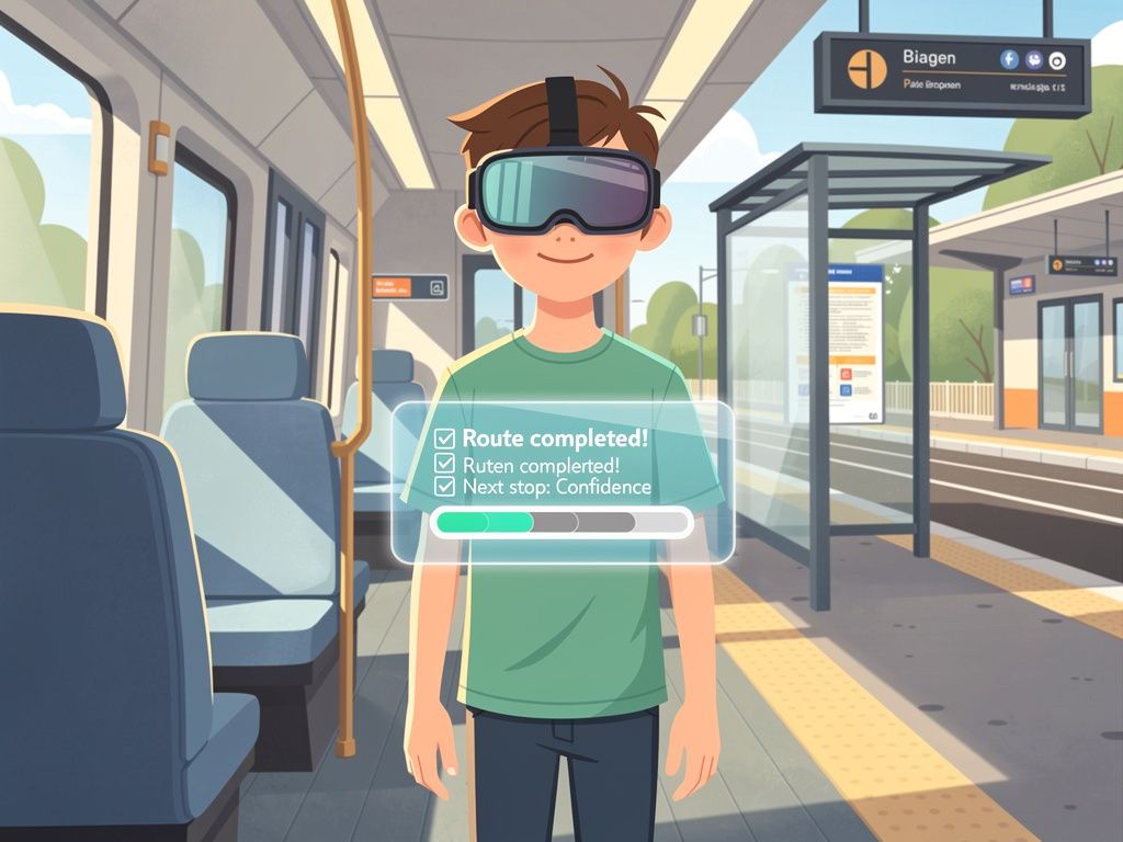 Jongere draagt VR-headset en oefent zelfverzekerd in een virtuele treinomgeving,