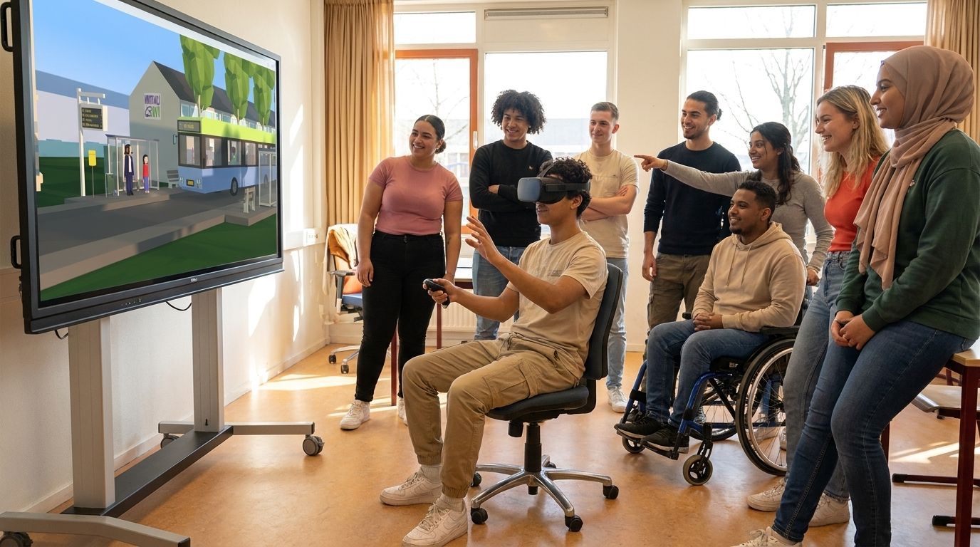 Illustratie van leerlingen en een begeleider die samen een reis met Virtual OV oefenen in een klaslo