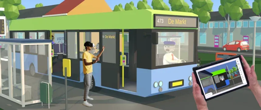Kind in Virtual OV VR-training die zelfstandig reizen met de bus oefent
