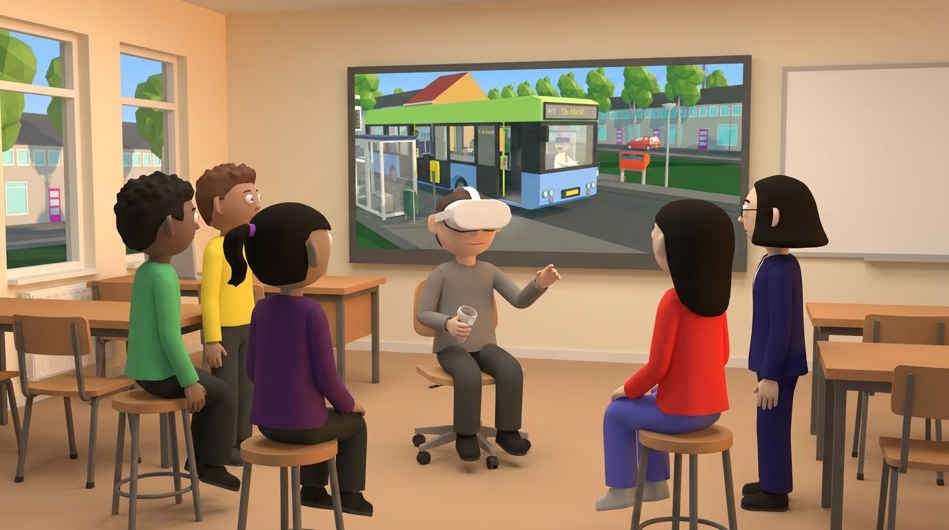 Zes leerlingen in een klaslokaal oefenen samen met Virtual OV. Eén leerling zit met een VR-bril op .