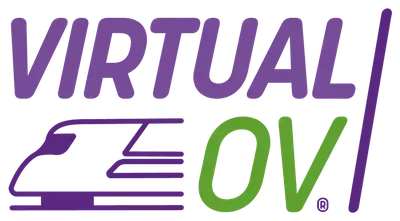 Un logotipo morado y verde para ov virtual.