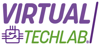 El logotipo del virtual techlab es morado y verde.
