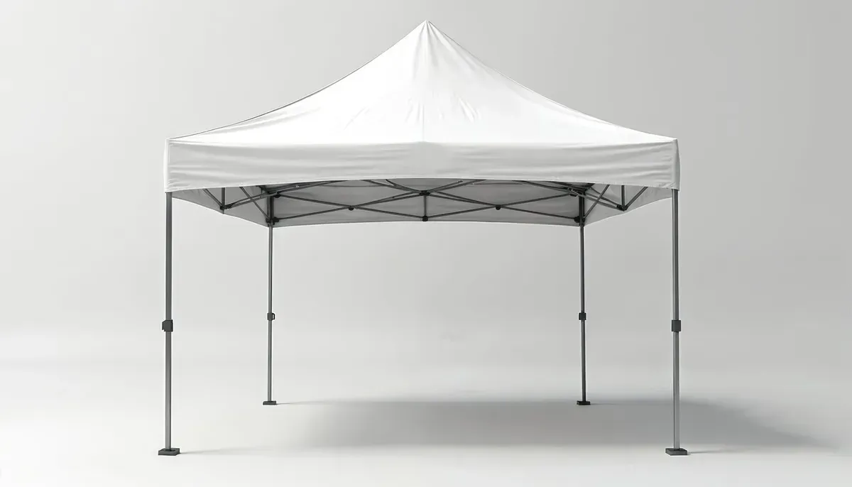 White pop-up canopy tent on a plain gray background