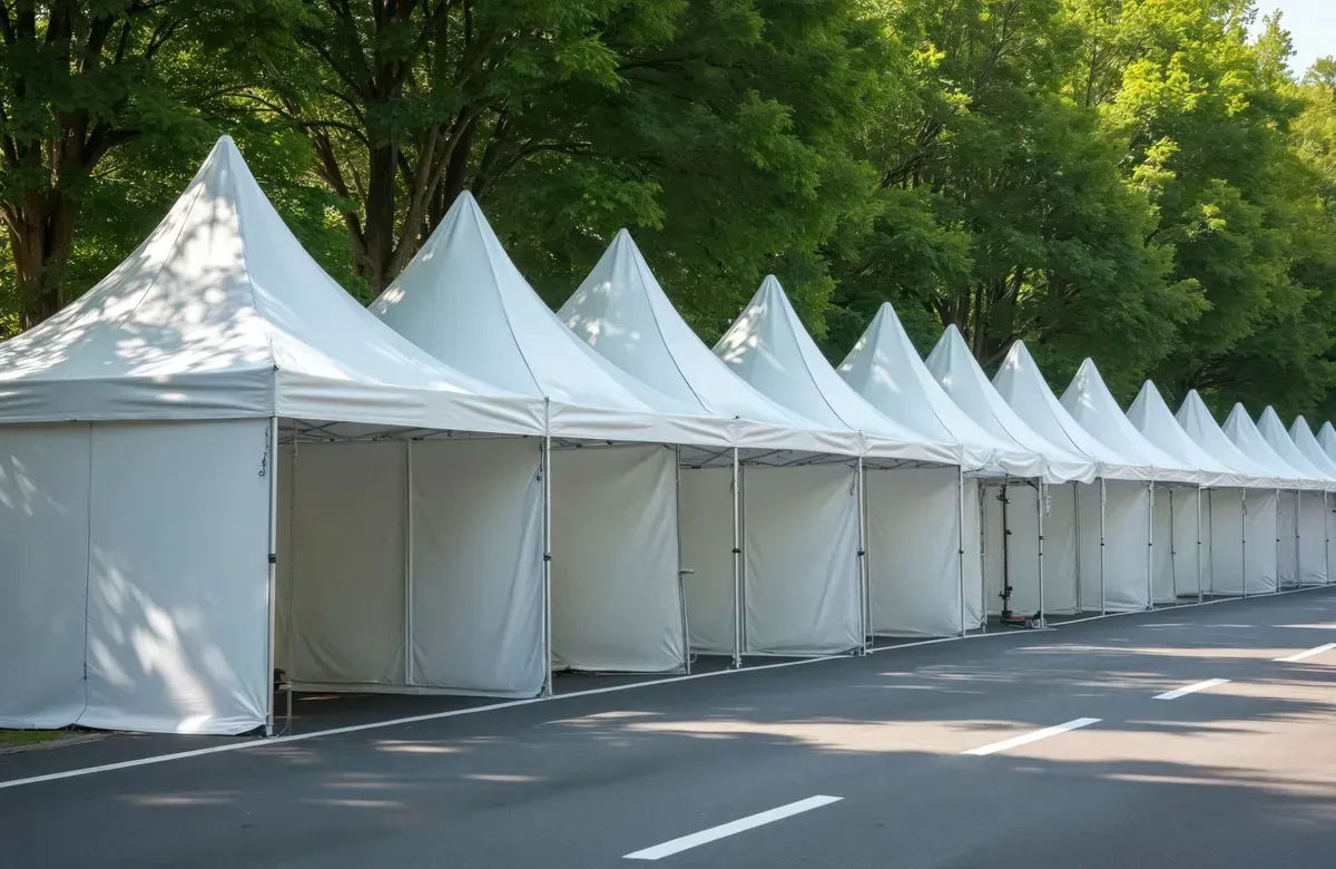 Row of white tents along a tree-lined road in daylight